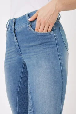New Kaia denim-ridebukser, høyt liv og helforsterket med silikon, dame Helforsterkede Ridebukser